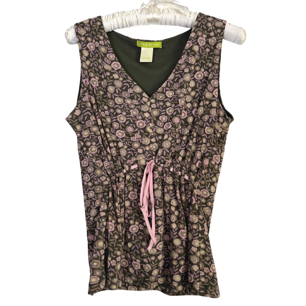 Sigrid Olsen Womens Floral Empire Waist V-Neck Sleeveless Top Olive Pink M